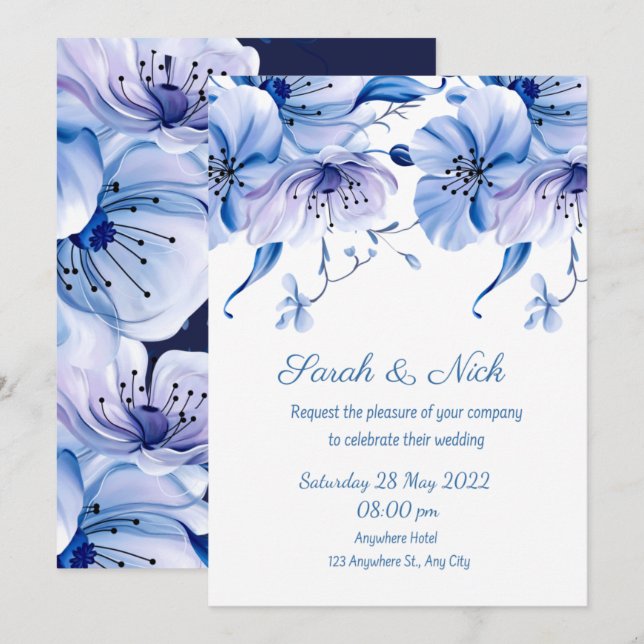 Aquarellfarben Dusty Blue Blues    weddingi Einladung (Vorne/Hinten)
