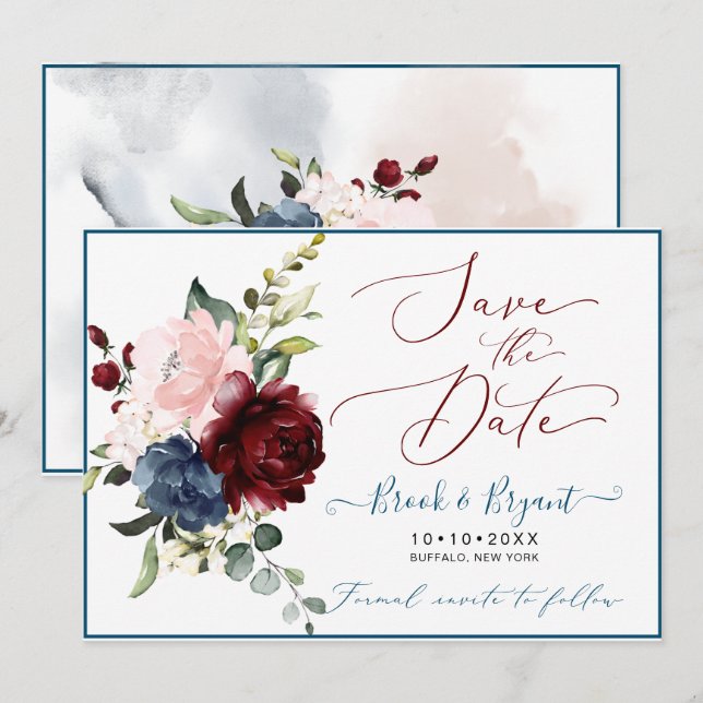 Aquarellfarben Dusty Blue Burgundy Blush Rose Einladung (Vorne/Hinten)