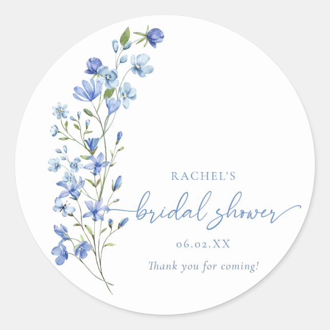 Aquarellfarben Dusty Blue Wildblume Brautparty Runder Aufkleber (Vorderseite)