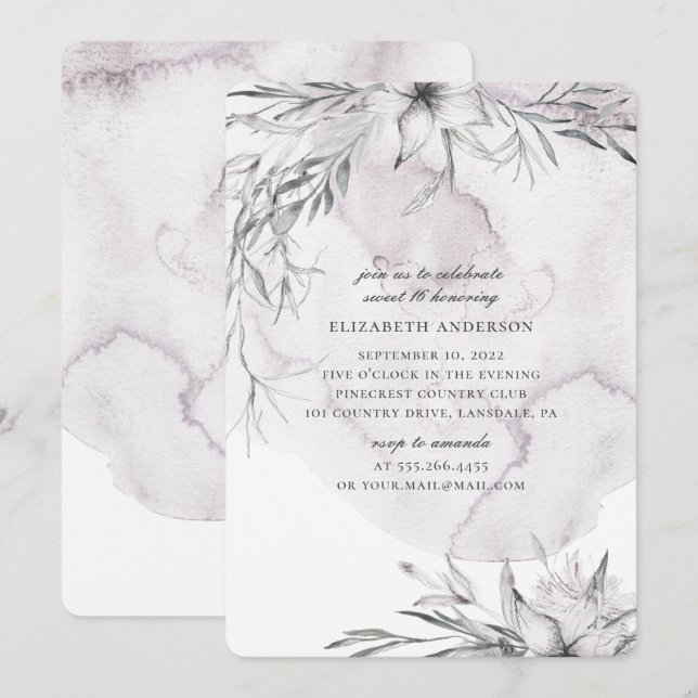 Aquarellfarben dusty floral Sweet 16. Blassene Blu Einladung (Vorne/Hinten)