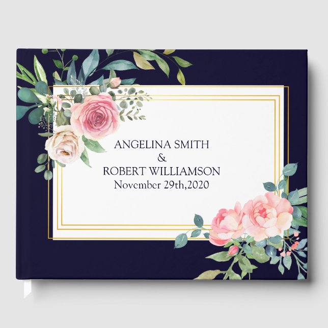 Aquarellfarben-Dusty-Navy-Gold-Blush-Peach-Hochzei Gästebuch (Vorderseite)