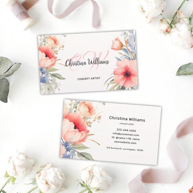 Aquarellfarben Einmaliges Monogramm Visitenkarte (Watercolor Floral Unique Monogram Business Card)