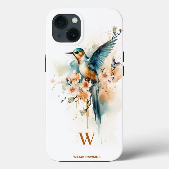 Aquarellfarben Elegantes Hummingbird Monogramm mit Case-Mate iPhone Hülle (Rückseite)
