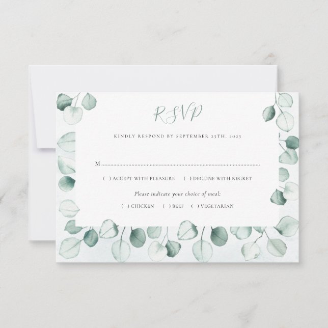 Aquarellfarben Eukalyptus-Blätter Grenzhochzeit RSVP Karte (Vorderseite)