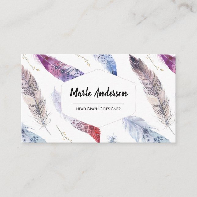Aquarellfarben Feathers Modern Boho Business Card Visitenkarte (Vorderseite)