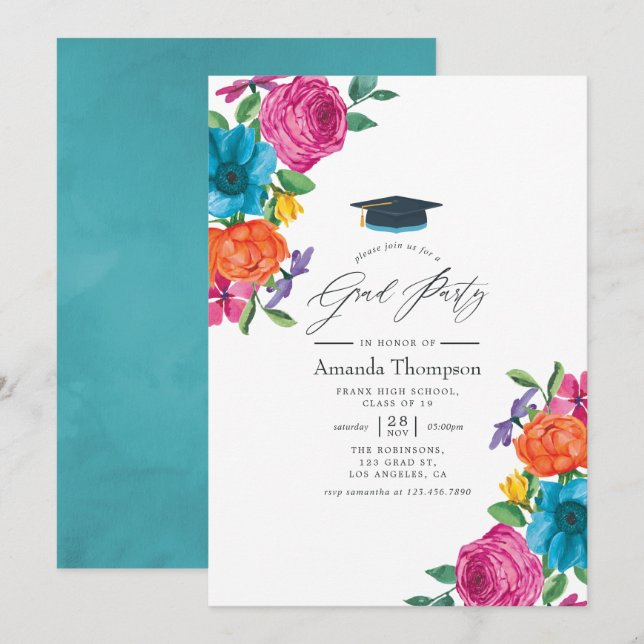 Aquarellfarben-Fiesta-Graduierungsparty Einladung (Vorne/Hinten)