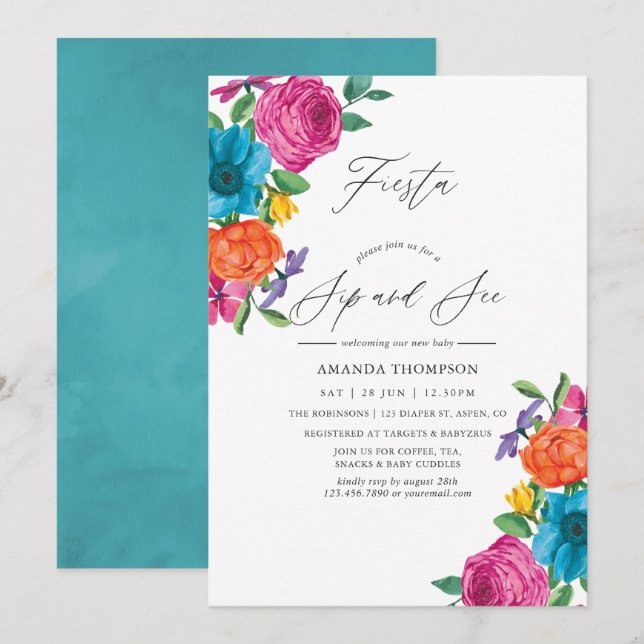 Aquarellfarben-Fiesta Sip and See Einladung (Vorne/Hinten)