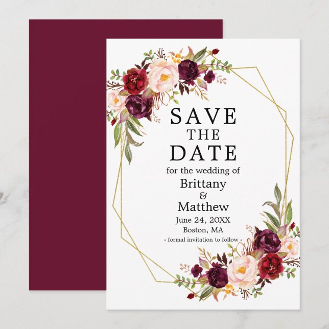 Aquarellfarben floral Burgundi Gold Geo Frame Save The Date (Vorne/Hinten)