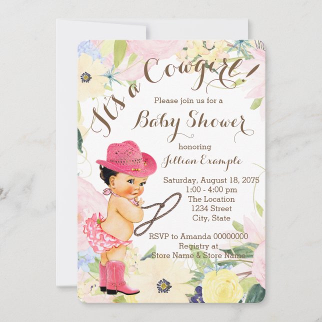 Aquarellfarben Floral Cowgirl Babydusche Einladung (Vorderseite)