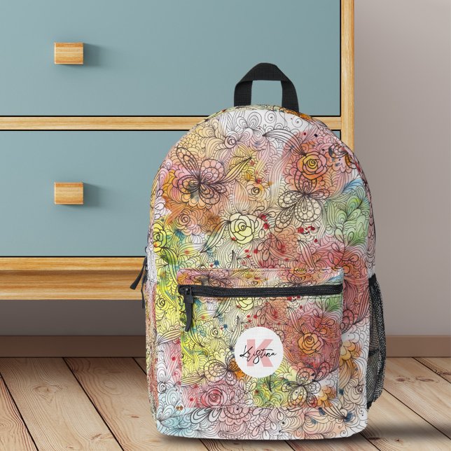 Aquarellfarben Floral Doodname und Monogramm Bedruckter Rucksack (Von Creator hochgeladen)