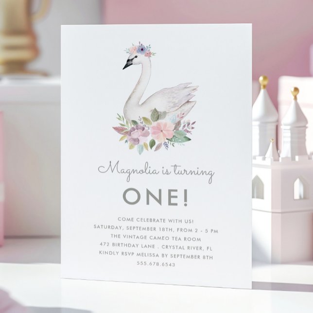 Aquarellfarben Floral Swan Prinzessin Birthday Pin Einladung (Von Creator hochgeladen)