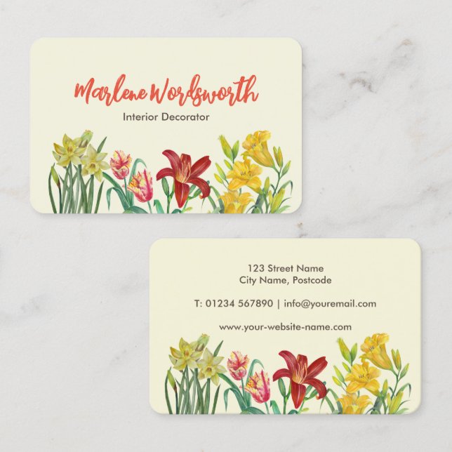 Aquarellfarben Gelbe Frühlingsblumen Creme Visitenkarte (Vorne/Hinten)