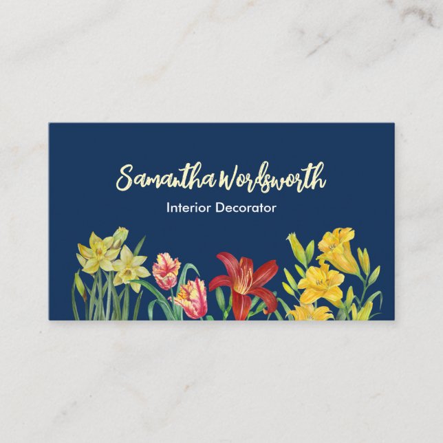 Aquarellfarben Gelbe Frühlingsblumen Navy Blau Visitenkarte (Vorderseite)