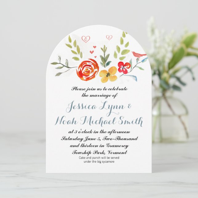Aquarellfarben Gelbkorallenblau Blaue Hochzeit Einladung (Stehend Vorderseite)