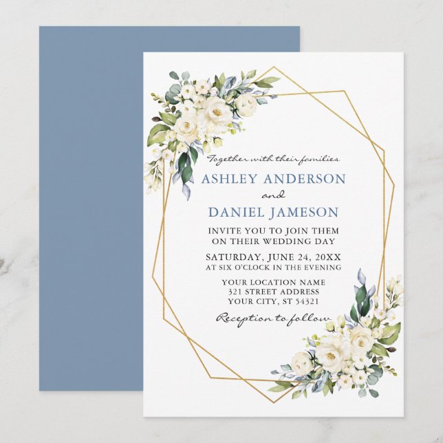 Aquarellfarben Geo Rahmen Dusty Blue Wedding Einladung (Vorne/Hinten)