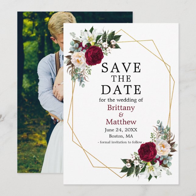 Aquarellfarben Georahmen Foto Burgundy Save The Date (Vorne/Hinten)
