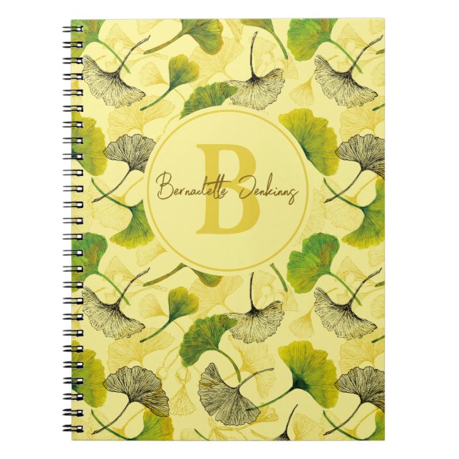 Aquarellfarben Gingko Biloba Blätter Monogramm Notizblock (Vorderseite)