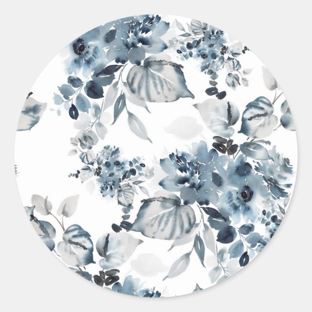 Aquarellfarben Graues und blaues Blumenmuster Runder Aufkleber (Vorderseite)