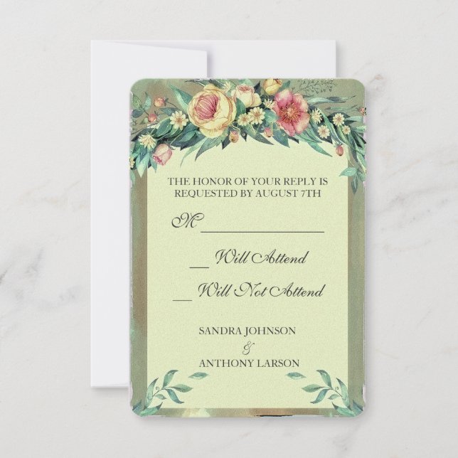 Aquarellfarben Grün und Rosa Hochzeit RSVP (Vorderseite)