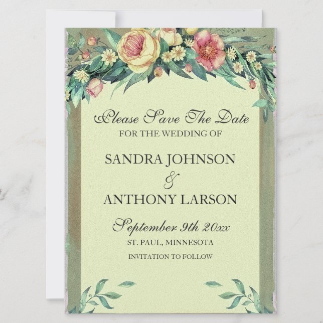 Aquarellfarben, grün und rosa Save the Date (Vorderseite)