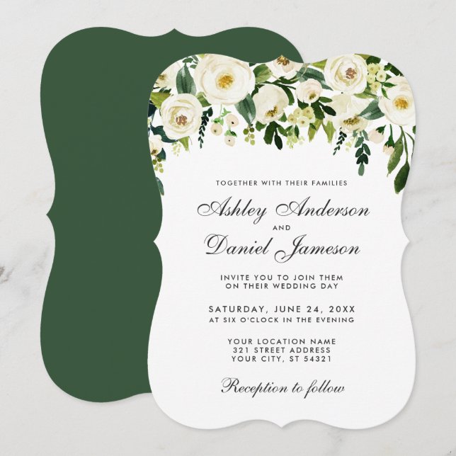 Aquarellfarben Grün weiße Hochzeit Einladung E (Vorne/Hinten)