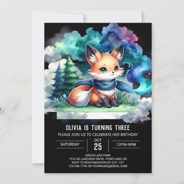 Aquarellfarben Happy Fox Geburtstag digital Einladung (Vorderseite)