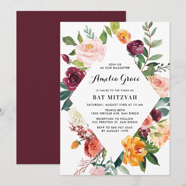 Aquarellfarben Herbstblüten Diamant Rahmen Bat Mit Einladung (Vorne/Hinten)