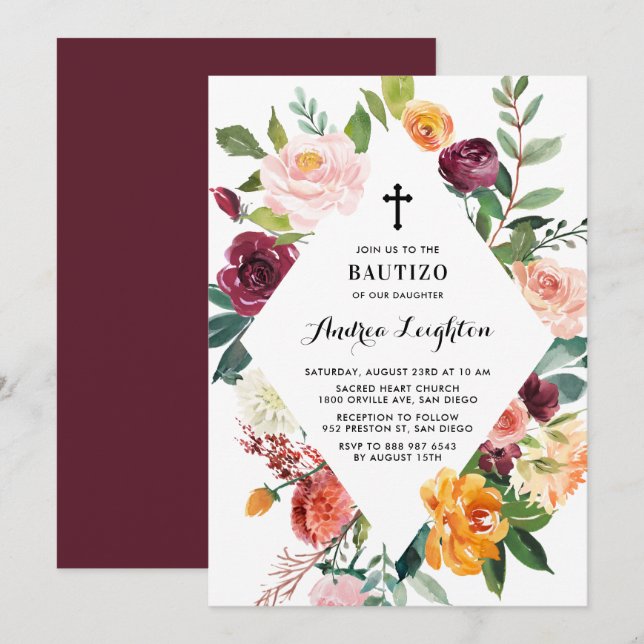 Aquarellfarben Herbstblüten Diamant Rahmen Bautizo Einladung (Vorne/Hinten)