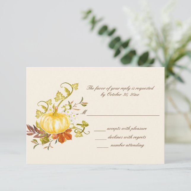 Aquarellfarben Herbstpumpen und Blätter Hochzeit RSVP Karte (Stehend Vorderseite)