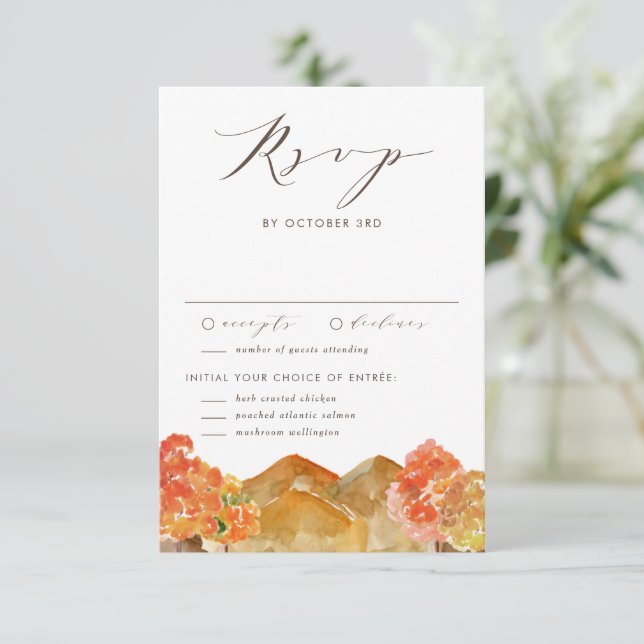 Aquarellfarben Hochzeit im Herbst Herbstlandschaft RSVP Karte (Stehend Vorderseite)