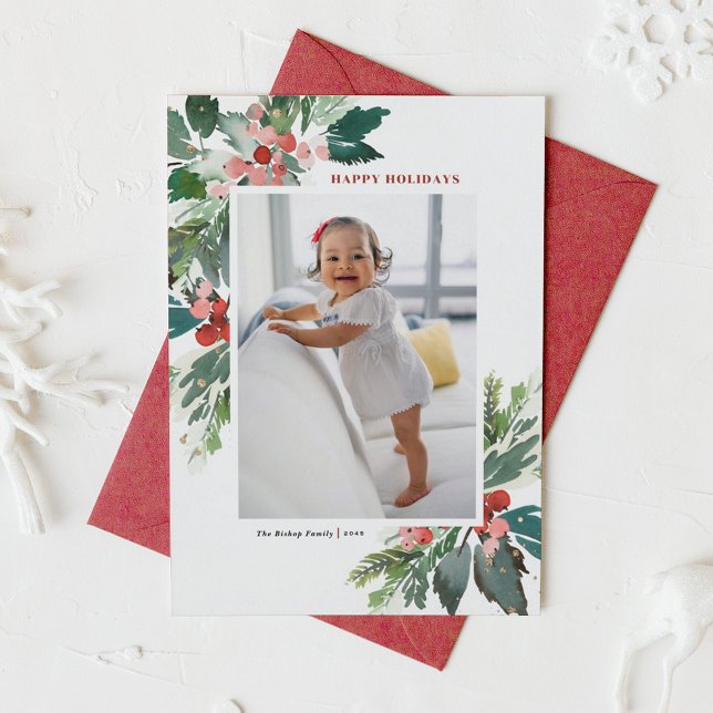 Aquarellfarben Imitate Goldenes Happy Holidays Fot (Watercolor Holly and Winter Greenery Photo Happy Holidays Card)