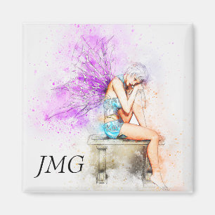 Aquarellfarben in Blau mit Monogramm Magnet