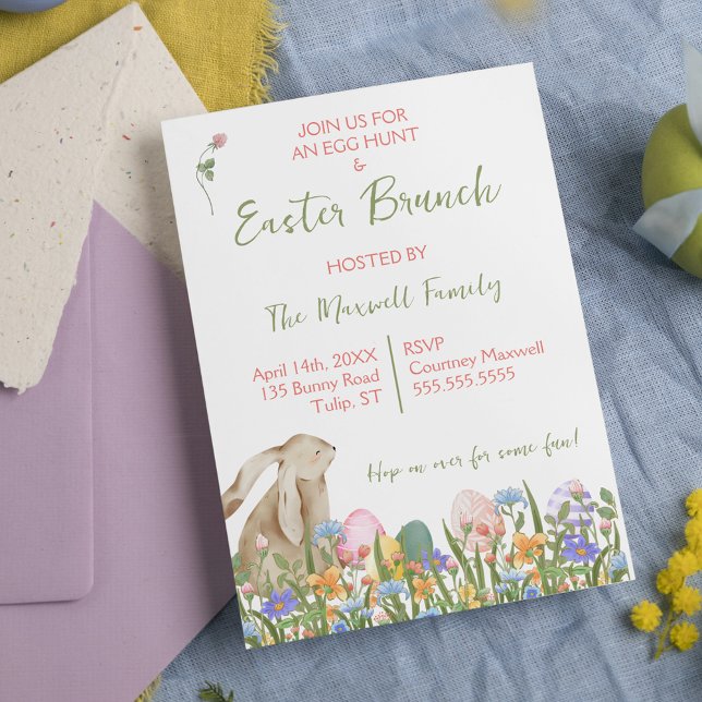 Aquarellfarben Kaninchen Osterbrunch & Eierjagd Einladung (Watercolor Floral Rabbit Easter Brunch & Egg Hunt Invitation
)