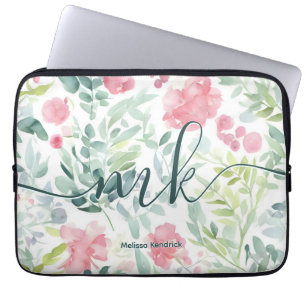 Aquarellfarben Korallenrosa Abstrakte Blume Monogr Laptopschutzhülle