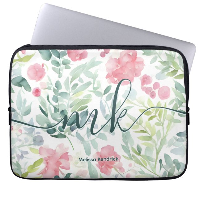 Aquarellfarben Korallenrosa Abstrakte Blume Monogr Laptopschutzhülle (Vorderseite)