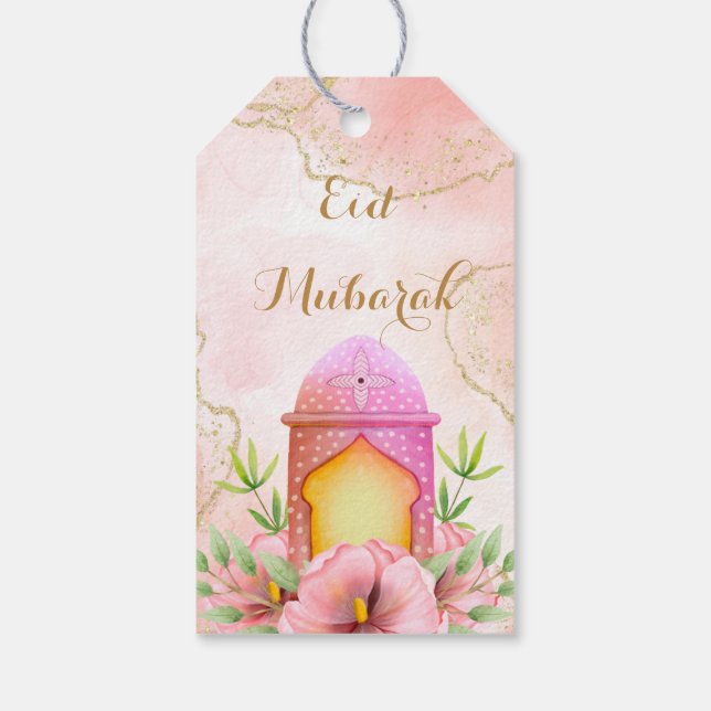 Aquarellfarben Laterne Gold Pink Eid Mubarak Geschenkanhänger (Rückseite)