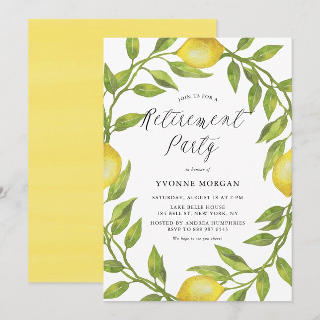 Aquarellfarben Lemon Greenerity Wreath Retirement  Einladung (Vorne/Hinten)