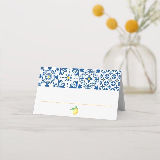 Aquarellfarben Lemon Mediterrane Hochzeit Platzkarte (Vorderseite)
