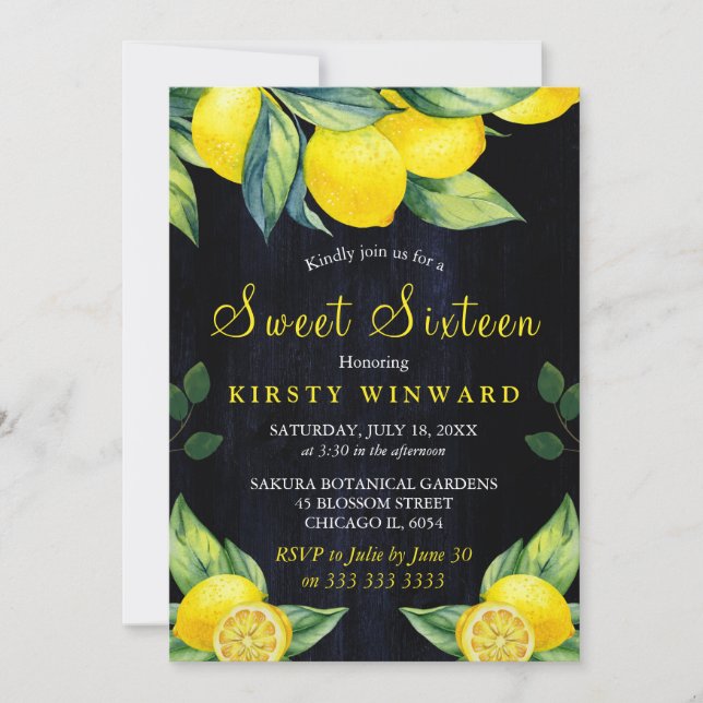 Aquarellfarben Lemon Navy Blue Wood Sweet 16 Einladung (Vorderseite)