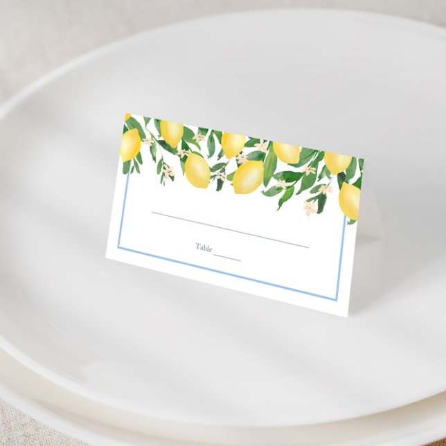 Aquarellfarben Lemons Blass Blue Hochzeit Empfang Platzkarte (Simple watercolor lemons with pale blue accents boy baby shower or wedding place cards)