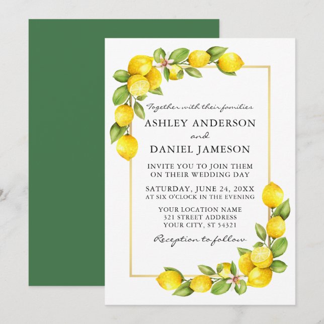 Aquarellfarben Lemons Goldrahmen Hochzeit Einladung (Vorne/Hinten)