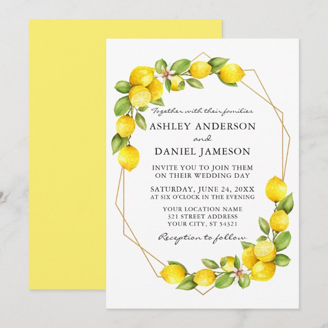 Aquarellfarben Lemons Greenerity Geo Frame Wedding Einladung (Vorne/Hinten)