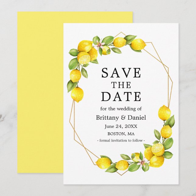Aquarellfarben Lemons Greenery Geo Frame Save the  Date (Vorne/Hinten)