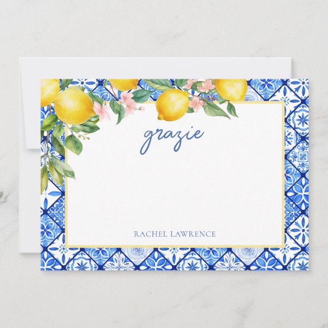Aquarellfarben Lemons Italian Blue Tiles Brautpart Dankeskarte (Vorderseite)