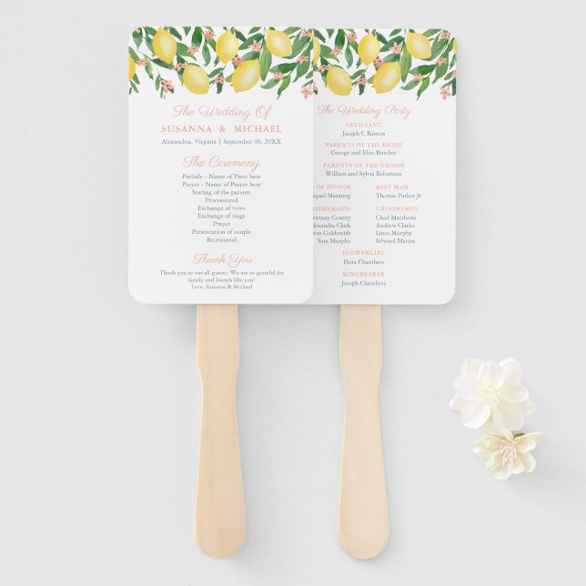 Aquarellfarben Lemons Pink Text Hochzeitsprogramm Fächer (Vorne und Hinten)