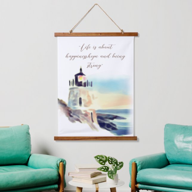 Aquarellfarben Leuchtturmmalerei Inspirationstext Wandteppich Mit Holzrahmen (Wohnzimmer)
