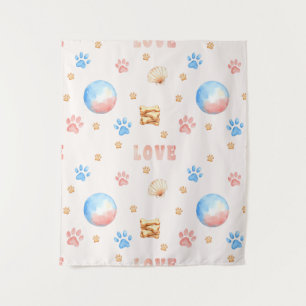 Aquarellfarben-"LIEBE"-Design mit Hundepaw-Drucken Wandteppich