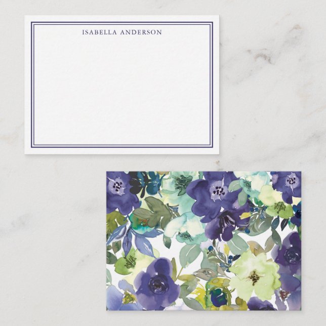 Aquarellfarben Lila blaues Blumenmuster Personalis Mitteilungskarte (Vorne/Hinten)
