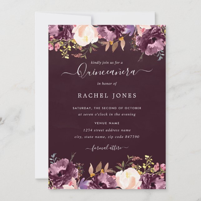 Aquarellfarben Lila Bloom Quinceanera Einladung (Vorderseite)