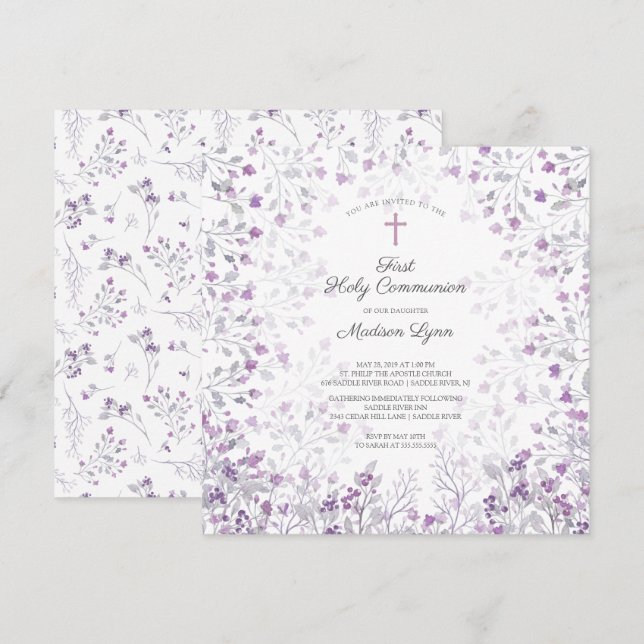 Aquarellfarben Lila Blumen Erste Kommune Einladung (Vorne/Hinten)